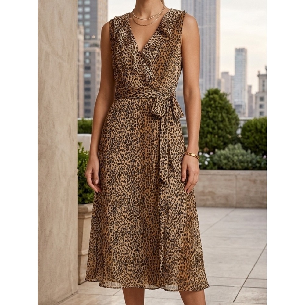 Ultra Dress New York Womens 14P Leopard Print Ruffle V-Neck Wrap Midi Dress